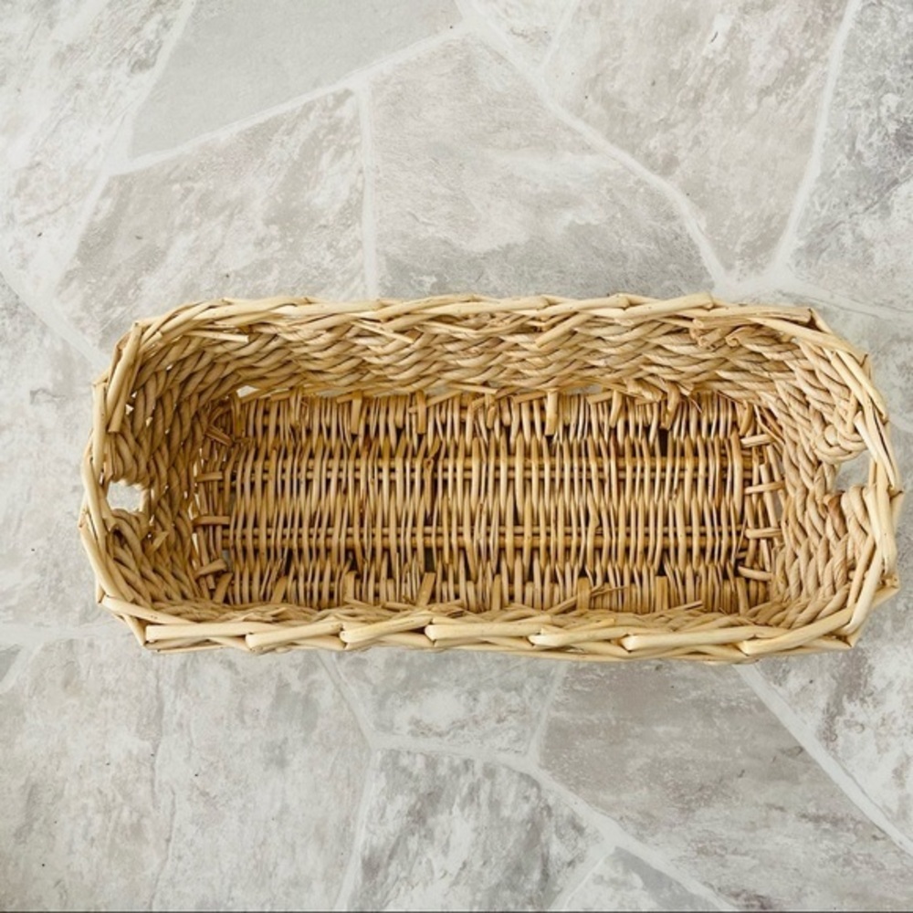 Tan woven wicker handle rectangular rattan basket / bin